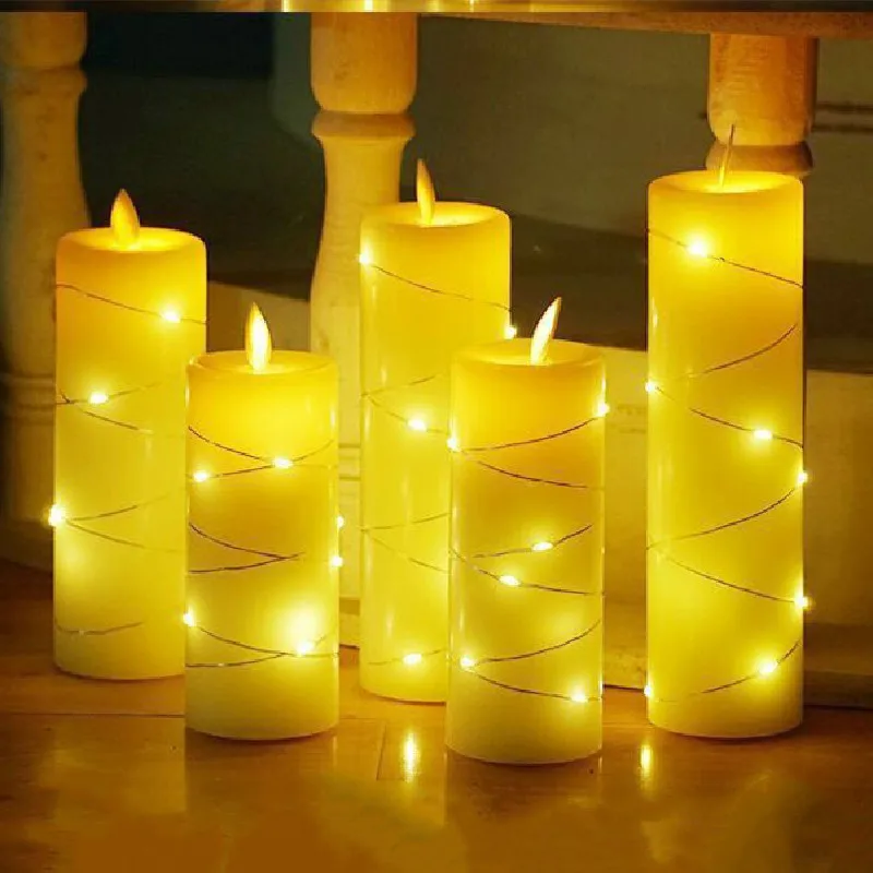 Set of 5 Remote controlled Dancing Swinging wick Battery Operated Led Candle Pillar Paraffin Wax Candles Light w/Embed string