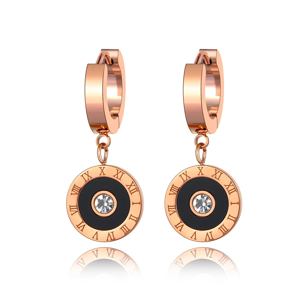 JeeMango Vintage Stainless Steel Black Acrylic Circle Roman Numeral Wedding Earrings For Women CZ Crystl Hoop Earrings JE20092