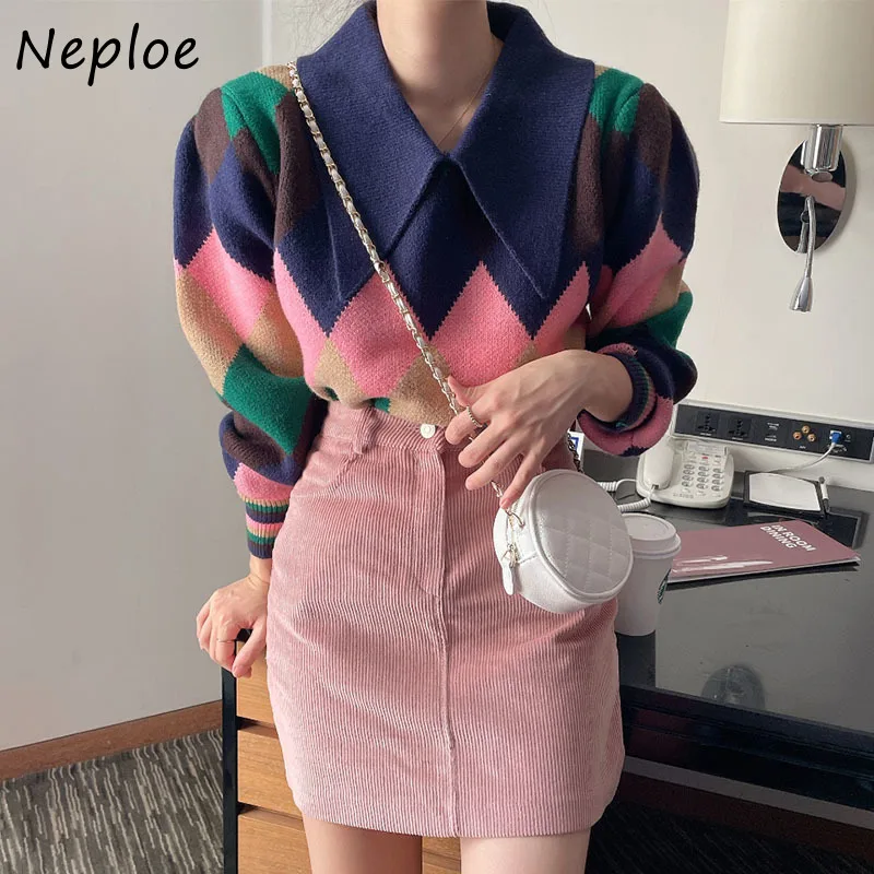 Neploe Chic postawiony kołnierz kontrastowe swetry damskie z długim rękawem luźny dzianinowy topy Mujer 2024 New Fashion Woman sweter