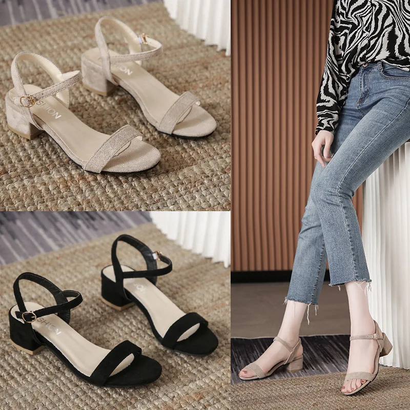 34 36  38 39 Summer Fashion Shoes for Women Sandals Mujer 2021 Faux Suede String Bead Womens Shoes Square Heel Open Toe Sandals