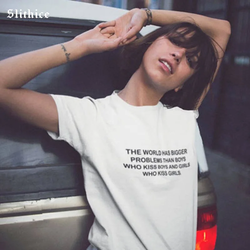 Slithice THE WORD HAS BIGGER PROBLEMS Women T-shirts Tees Harajuku Letter Printed T shirt Cotton Summer tshirt for lady