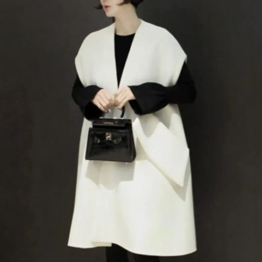 

New arrival fashion sleeveless woolen coat women v-neck loose thick cashmere coat