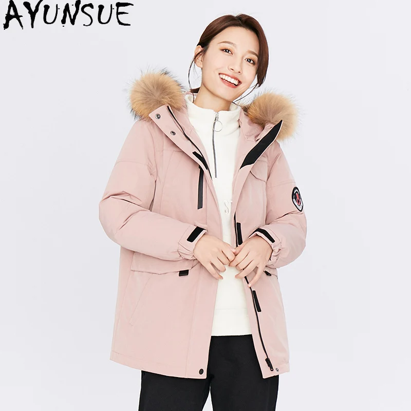 

AYUNSUE Women's Jacket Winter 2020 90%white Duck Down Jakctes Woman Real Raccoon Fur Collar Hooded Parkas Female Coat Ropa TN245