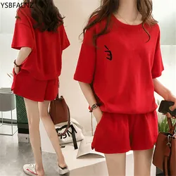 2023 Female Women Shorts T-shirt Blouse Red Suit Summer Loose Casual Two-piece Sets Korean Fashion Femme Motion Pink Sets New