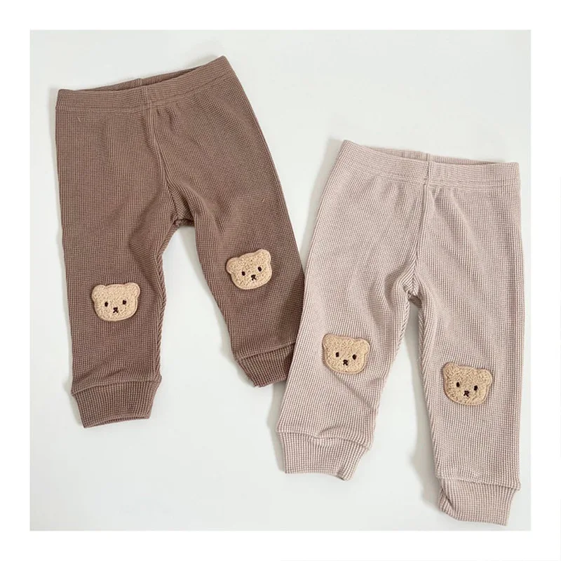 Autumn New Baby Girl Trousers Waffle Bear Embroidery Pants Newborn Baby Boys Clothes Cute Harem Pants