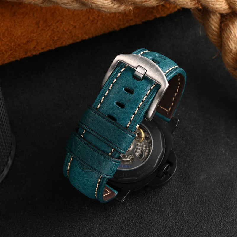 For Panerai PA441 PAM01661 Lumino watch strap with thickened Italian cowhide Watchbands Vintage Blue Watch Band male Bracelet 24