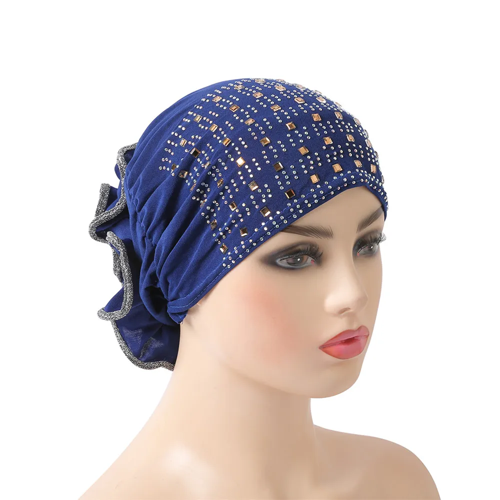 Touca feminina muçulmano hijab sob o cachecol com strass turbante tubo flor para perda de cabelo touca de quimioterapia cachecol árabe boné com chapéu