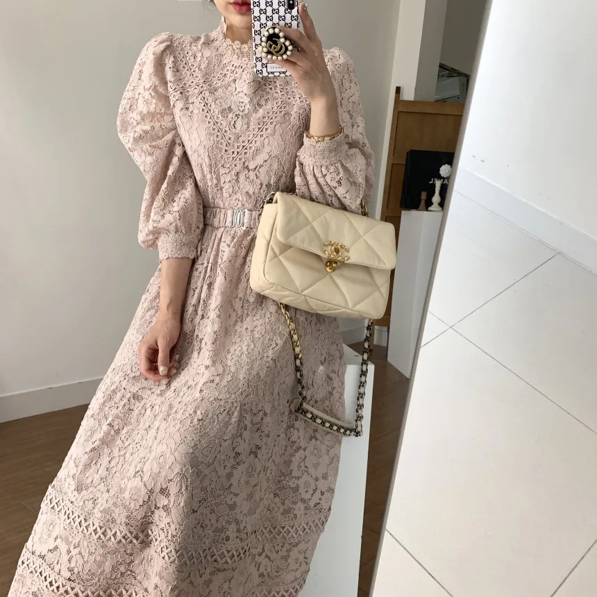 Hight Quality New Fashion Elegant Runway Crochet Lace Dress Women\'s Long Lantern Sleeve Stand Collar A Line Dress vestidos