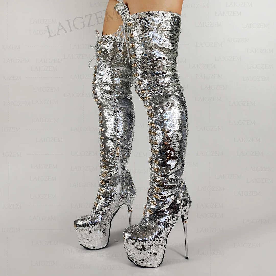 LAIGZEM Sequined Women Over Knee High Platform Boots Bling Metal Stiletto High Heels Boots Dance Shoes Woman Big Size 33 39 43