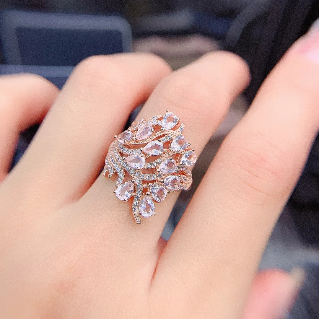 Luxurious S925 Silver Natural Rose Quartz Rings 925 Sterling Silver Natural Gemstone Ring Woman Girl Weddings Gift Jewelry