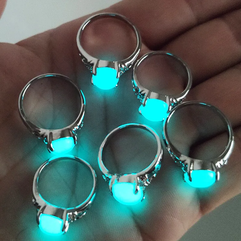 Glow In The Dark Rings Fluorescent Luminous Stone Silver Color Finger Ring For Women Men Jewelry