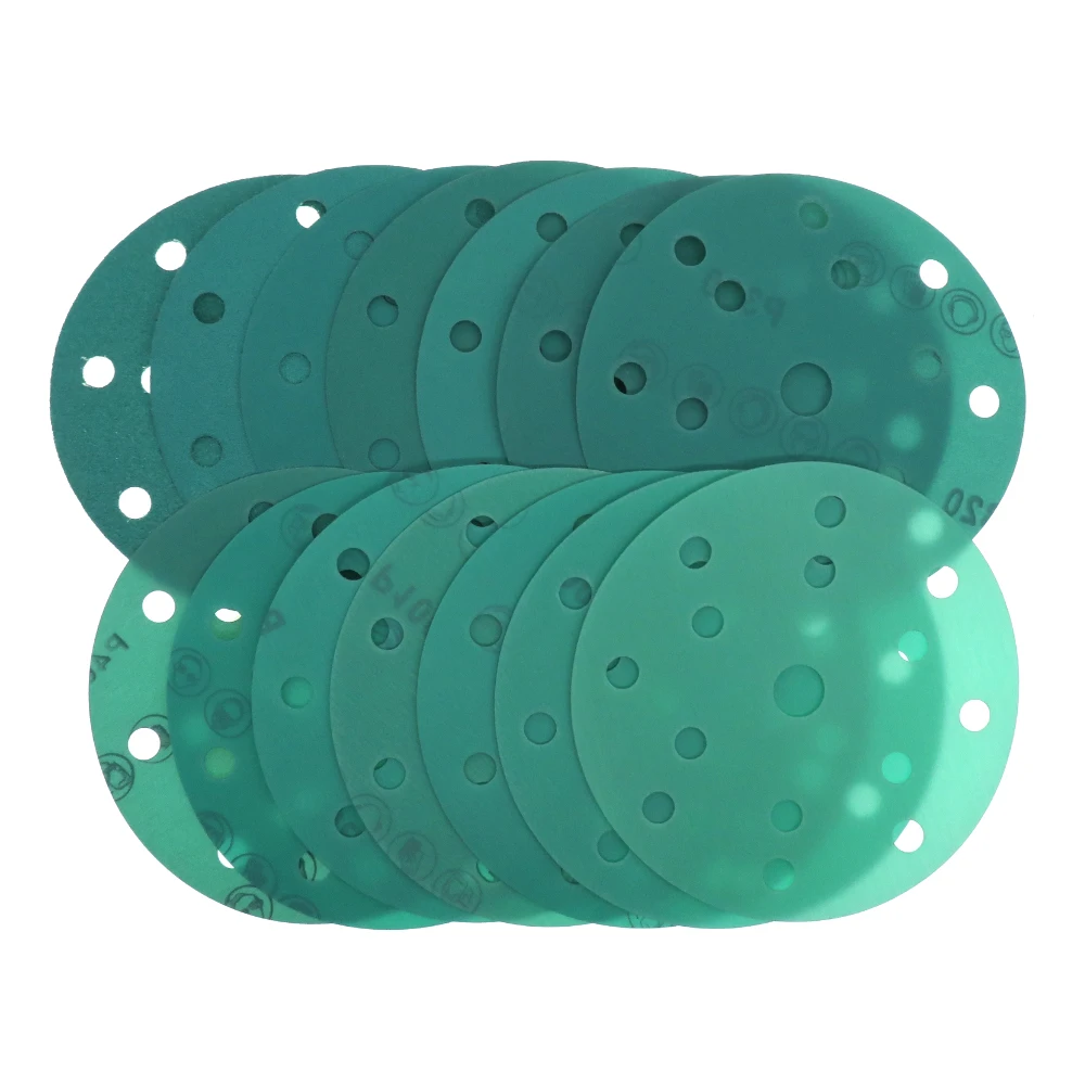 100pcs 6Inch 15 Holes 60-2000 Grits Hook and Loop  PET film  Green Sanding Discs 150mm  sanding discs