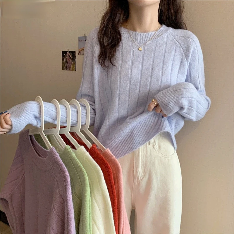 Pullover Women Sweater O-neck Loose Simple Soft Solid All-match Comfortable Knitted Trendy Ribbed Clothing Korean Style Sweaters