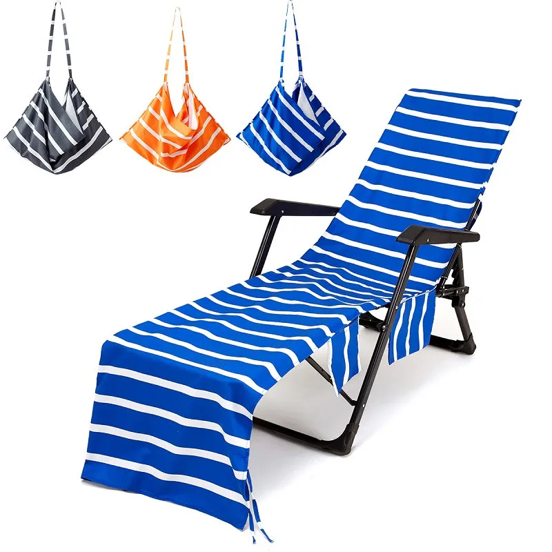 

75*215cm Stripe Beach Pool Lounge Chair Towel Cover with Storage Pockets Portable Microfiber Beach Towel for Swimming Sunbathing