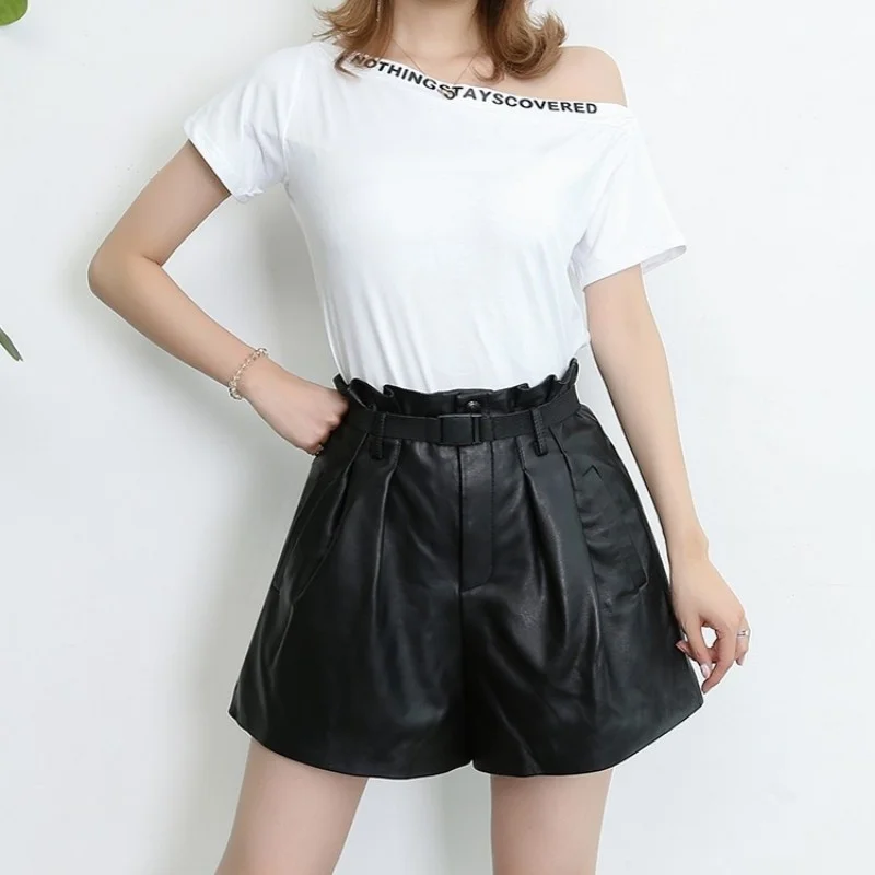 

Genuine 100% Leather Loose Wide Leg Shorts Women Sashes Elastic High Waist Casual Shorts Autumn New OL Style Black Shorts Female