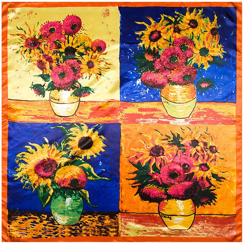 90cmHot Sale Spring Van Gogh Classic Series Oil Painting Vase Sunflower Lady Decoration Simulation Silk Scarf Large Square Scarf