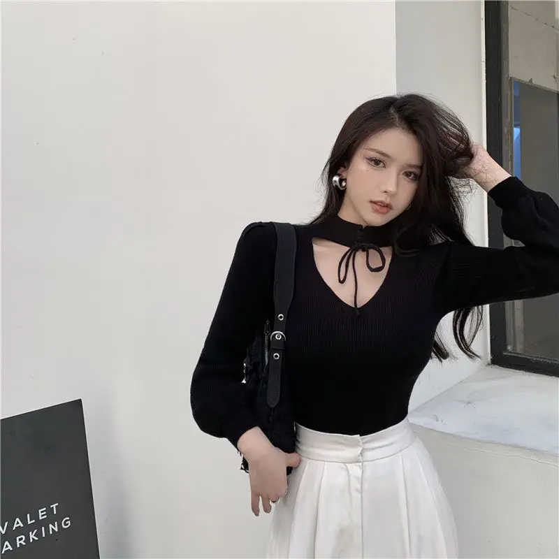 Spring Autumn Sexy Hollow-out Slim Knit Women's V-neck Top Woman Sweaters Femme Chandails Pull Hiver