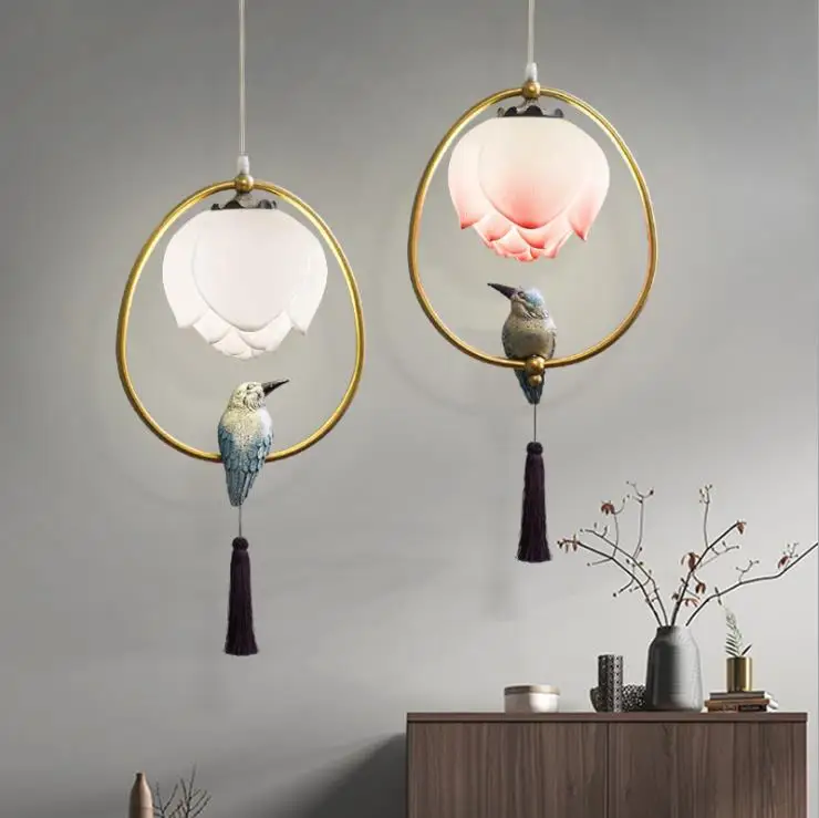 

Chinese Style Pendant Lamp Resin Lotus Bird Decorations Oval Lighting Bedroom Living Room Study Dining Room Loft Chandelier