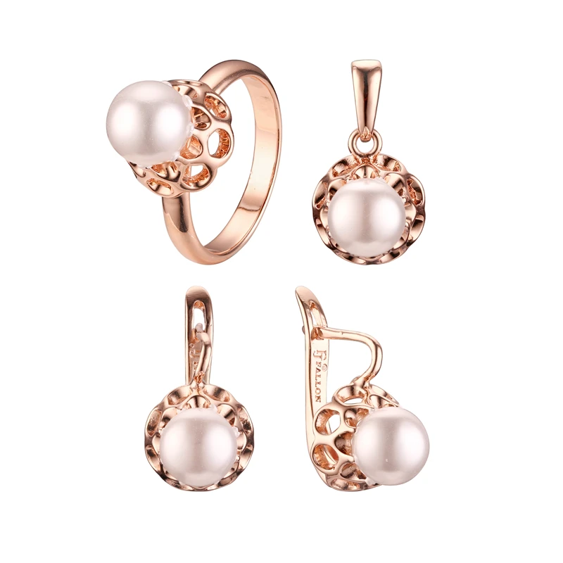 Luxury Beads Jewelry Set 585 Rose Gold Color Jewelry Office Round Simulated Pearl Earring Jewelry Sets Designs for Women