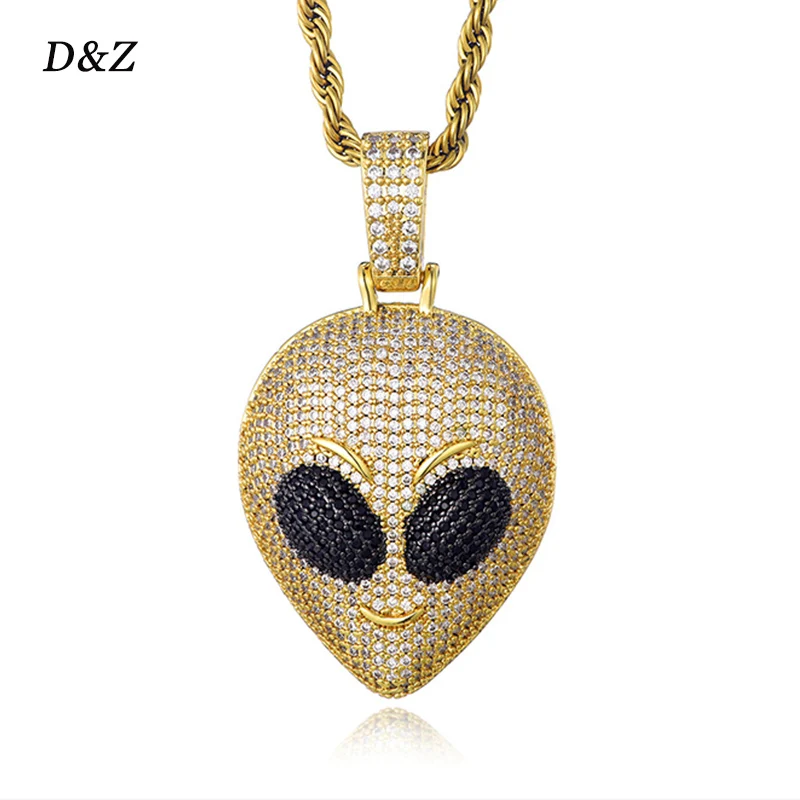 D&Z Hip Hop Alien Head Pendant In Gold White Color Soild Back Pendant Iced Out Cubic Zircon Stones Men Hip Hop Rock Jewelry