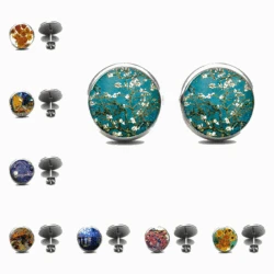 Van Gogh Almond Stud Earrings Branch in Bloom Art Earring Bridal Jewelry Van Gogh's Painting Glass Cabochon art Earring