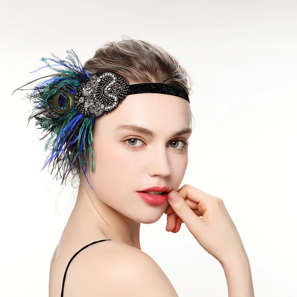 Charleston Feather Headpiece Colorful 1920s Vintage Gatsby Accessories Black Rhinestone Beaded Feather For Party Headband 2021