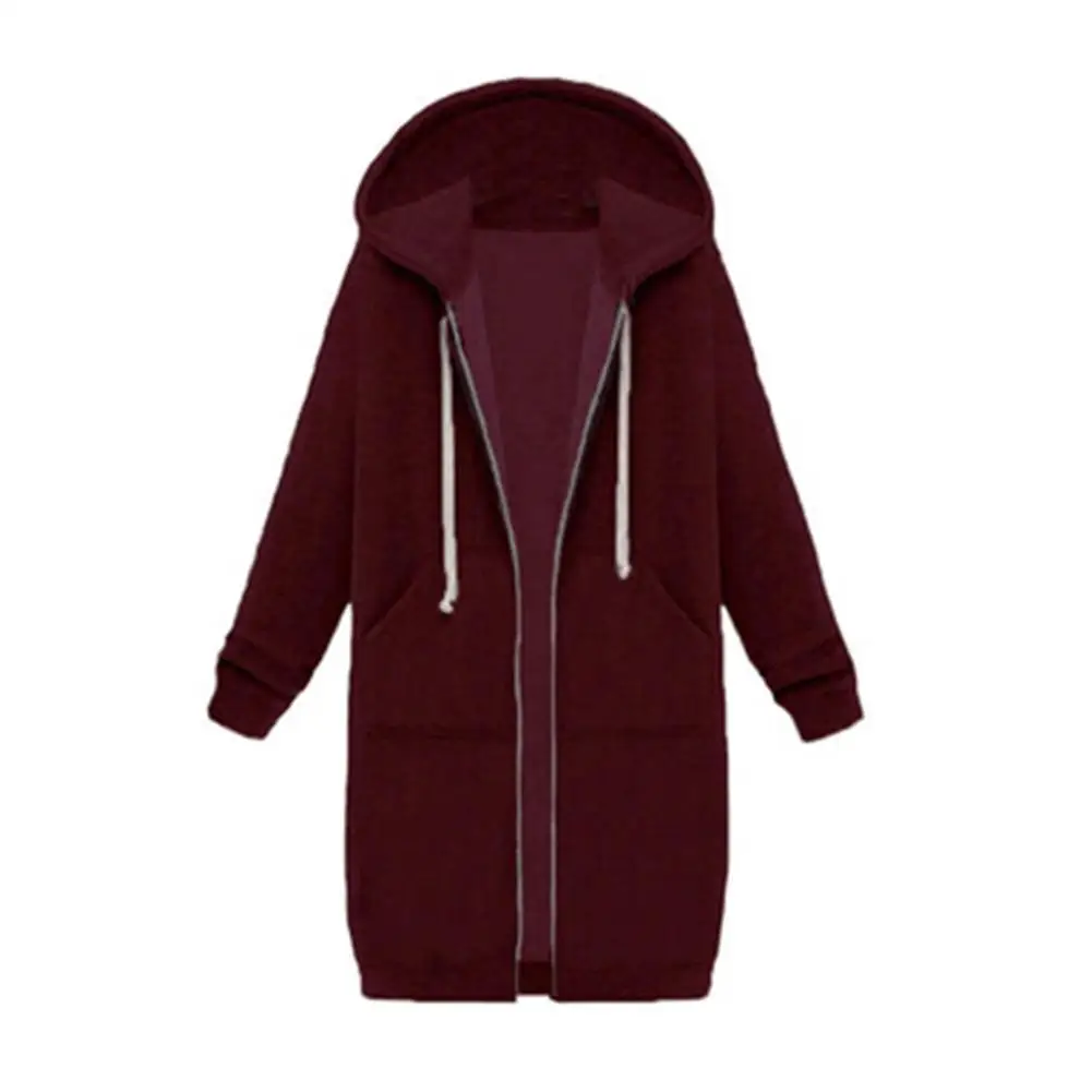 Plus Size Solid Color Casual Thicken Hooded Women Zip Up Long Sweater Coat