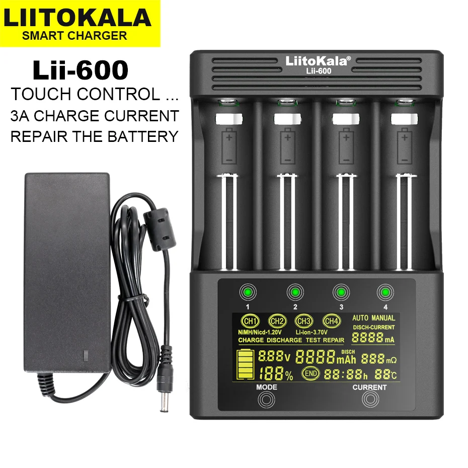 LiitoKala-Lii-600 ładowarka do akumulatorów litowo-jonowych 3.7V i NiMH 1.2V, odpowiednia do 18650 26650 21700 26700 AA AAA i innych