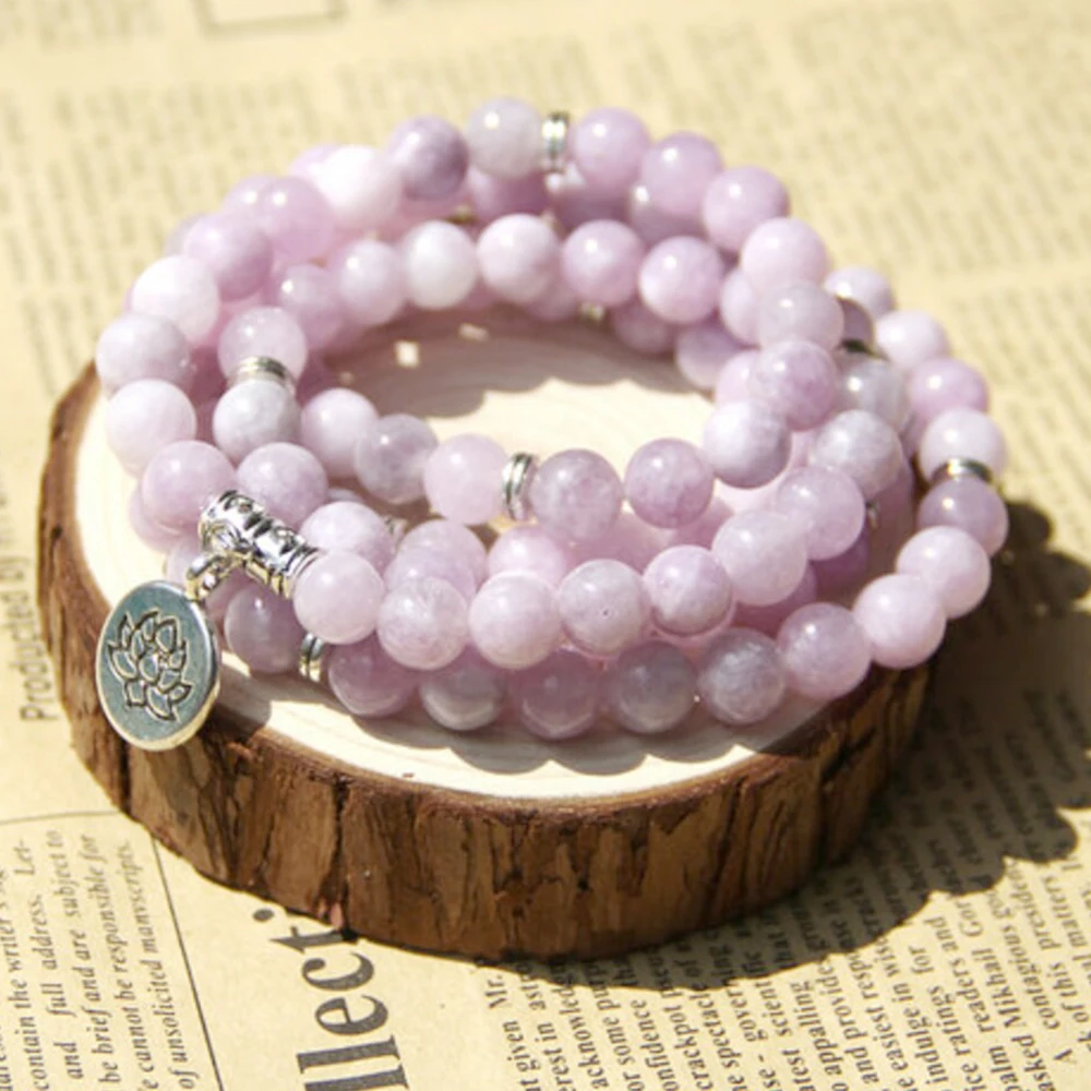 MG1348 Natural AAA Grade Tanzania Kunzite 108 Mala Bracelet Lotus Charm Women`s Quartz Rosary Necklace Spiritual Healing Jewelry