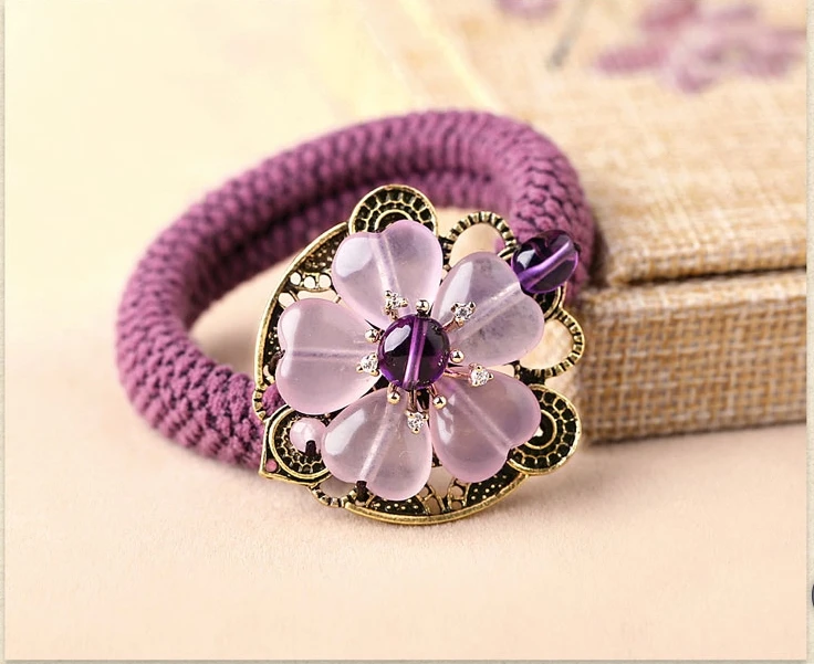 light purple Color jade Heart Hair Rings Hair Accessories Vintage rough elastic string Headwear Ethnic Hair ropes Ornaments