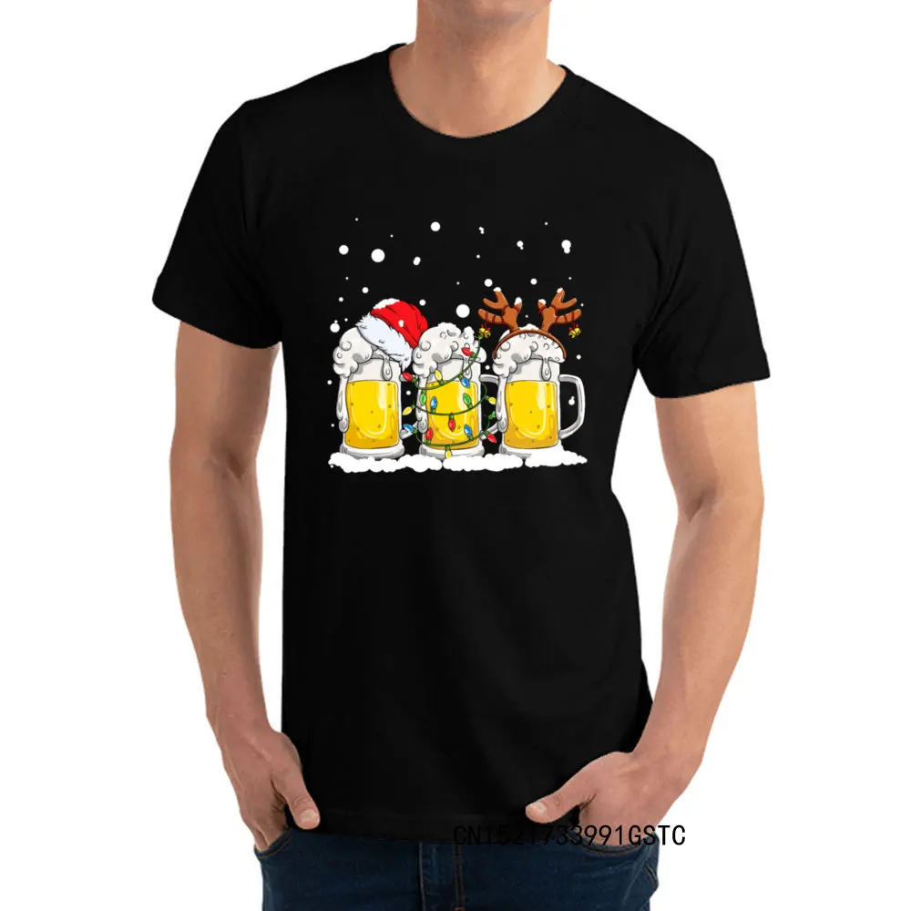 Fashionable Beer Christmas Mug Santa Reinbeer Xmas lights T-shirts for Men Popular O Neck Premium Cotton T-shirts Fashion Tees