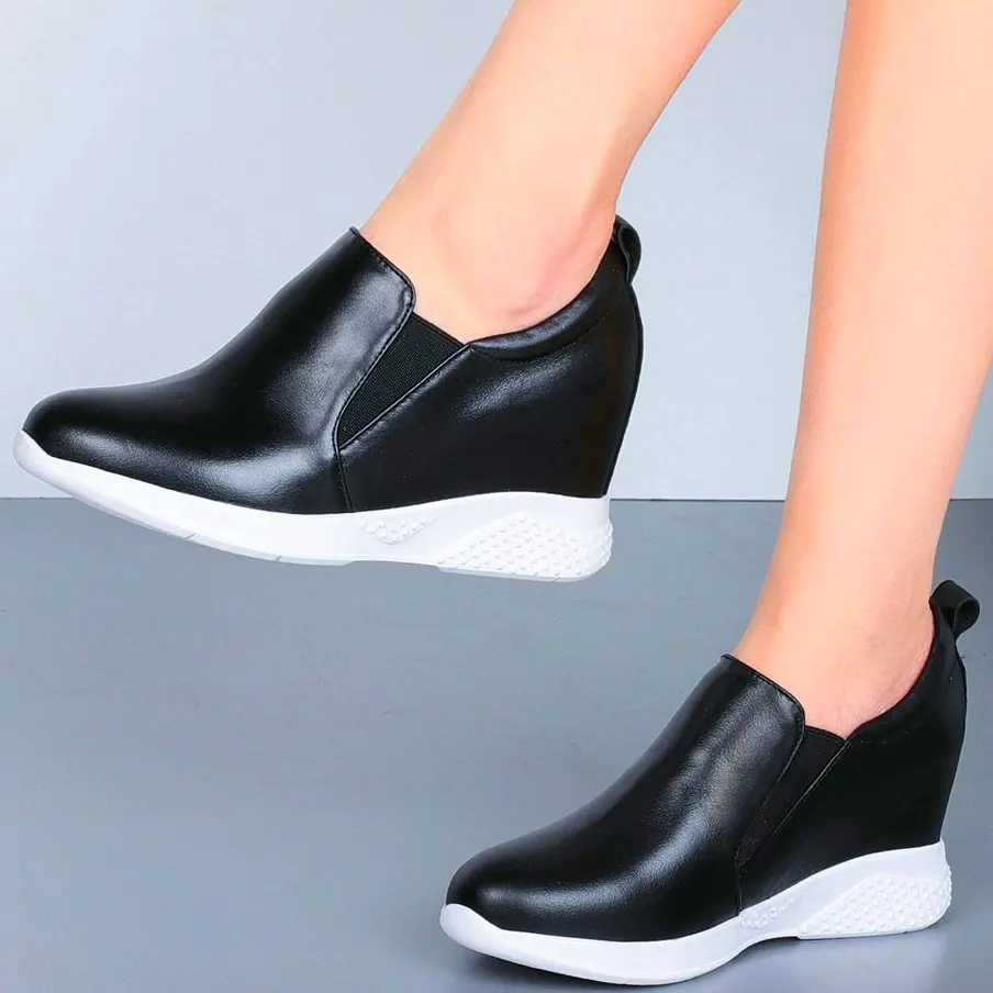 

Increasing Heigh Casual Shoe Women's Cow Leather Fashion Sneakers Wedge High Heels Goth 34 35 36 37 38 39 40