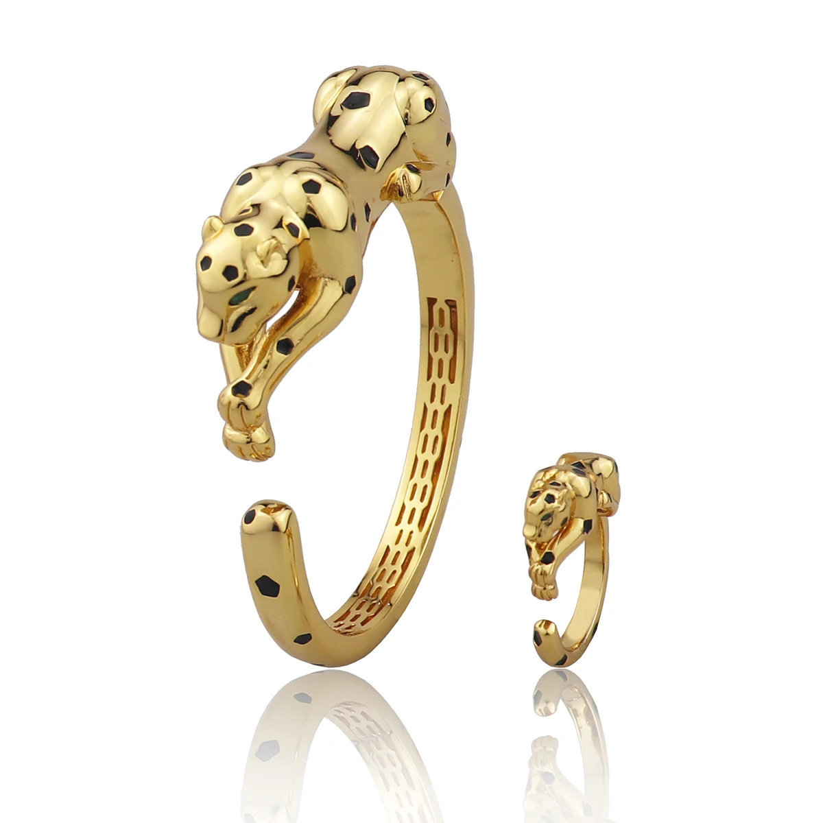 Luxury fashion classic animal shape leopard head copper bracelet with Ring Jewelry Set European Dubai Party Gift