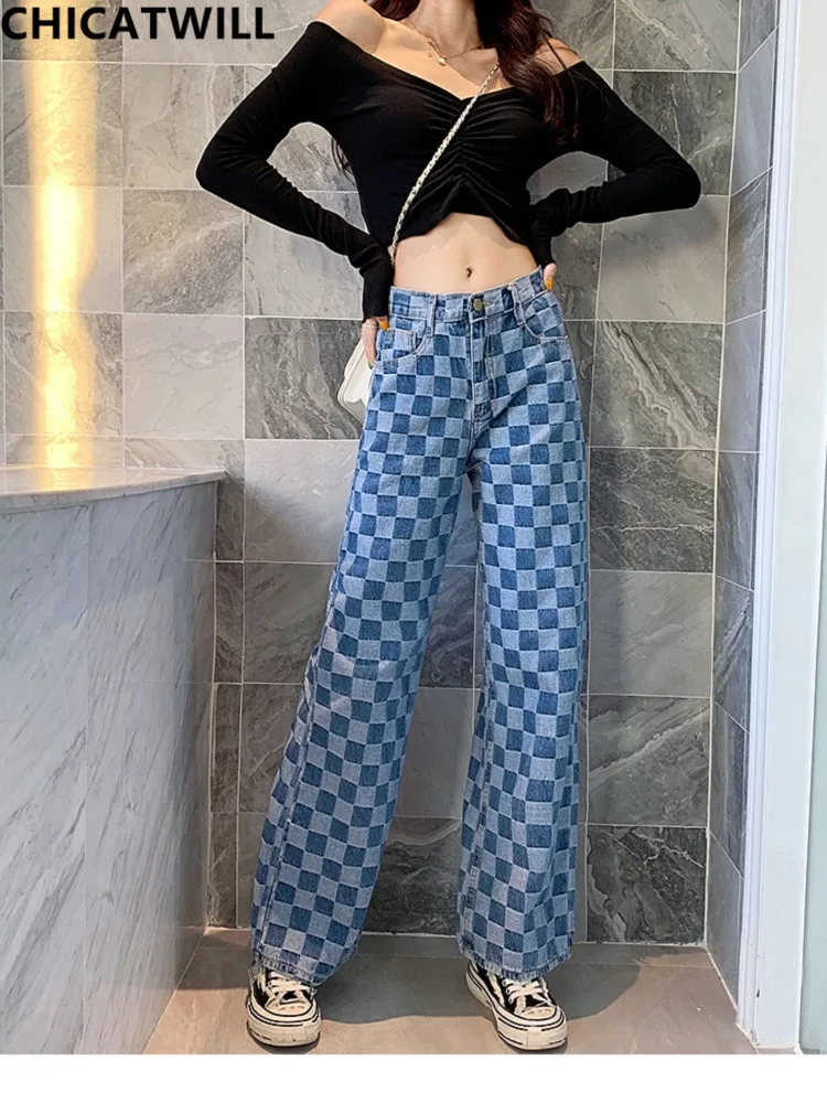 Szykowna, w stylu Harajuku BF wysokiej talii kieszeń szerokie nogawki Plaid dżinsy kobiety anglia Checker Jeans Casual europa chłopak luźne spodnie