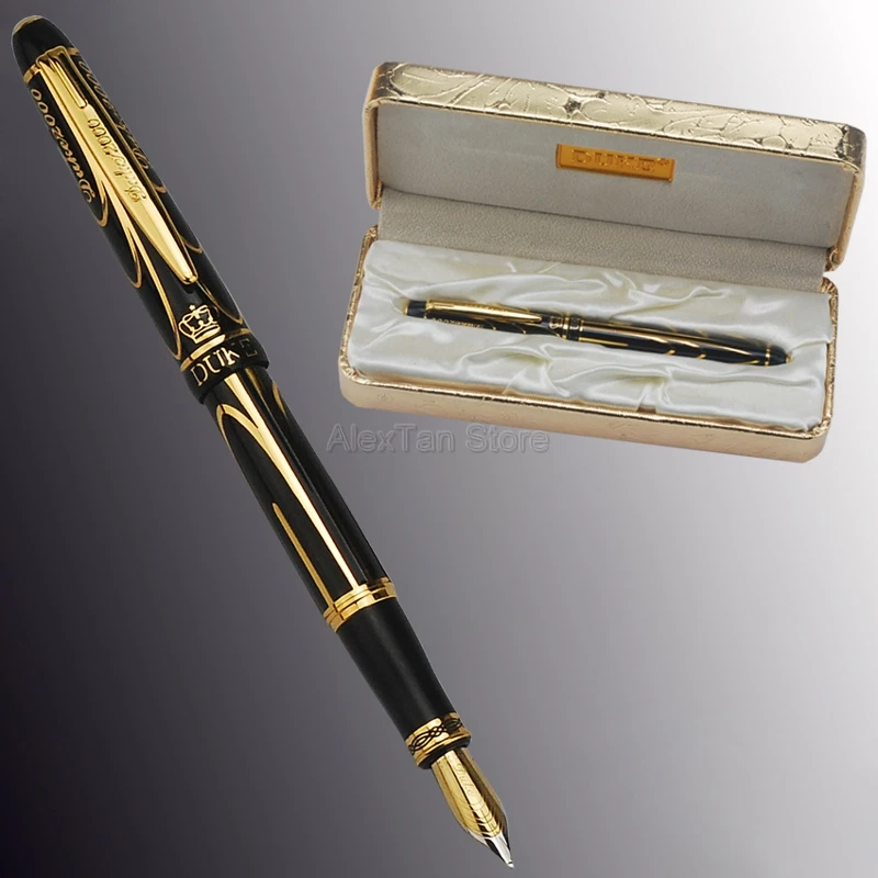 Duke Noble Pioneer 14K/8K Gold Fountain Pen Advanced Chromed Golden & Black Lines Fine Point 0.5mm & Gift Box Signature Pen