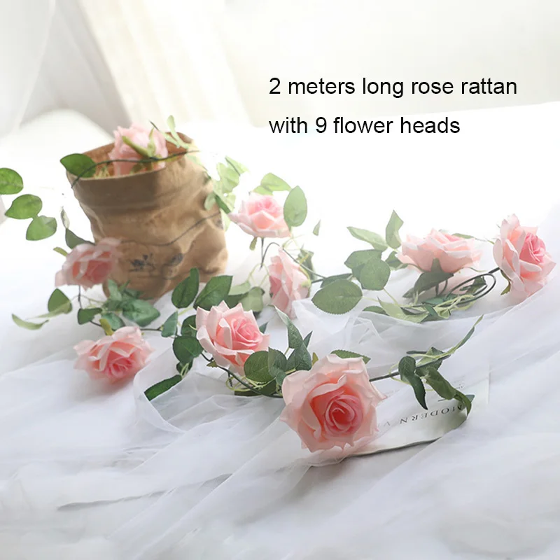 

2m Artificial 9 Heads Rose Flower Vine Home Pipe Ceiling Decorative Flower Rattan Birthday Party Wedding Backdrop Layout Floral