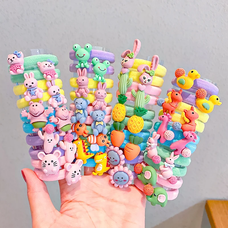 10PCS/Set New Girls Cute Cartoon Scrunchie Ponytail Holder Rubber Bands Kids Lovely Hair Bands Headband Fashion Hair Accessories