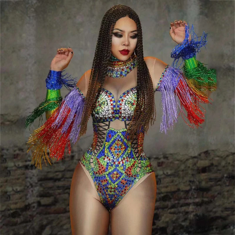 Multi-Color Rhinestones Fringed Sleeves Bodysuit Rave Outfits Pole Dance Festival Outfits Women Drag Queen Costumes XS1341