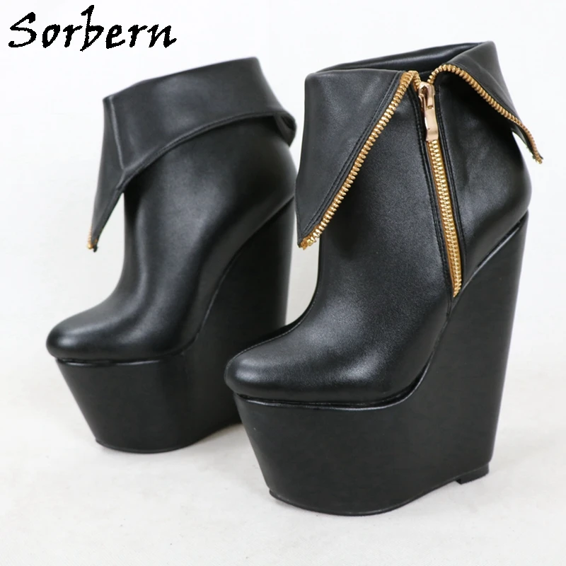 Sorbern Black Matt Ankle Boots Wedges 18Cm High Heel Thick Platform Shoes Zip Up Fall Style Stilettos Customized Booties Size 36