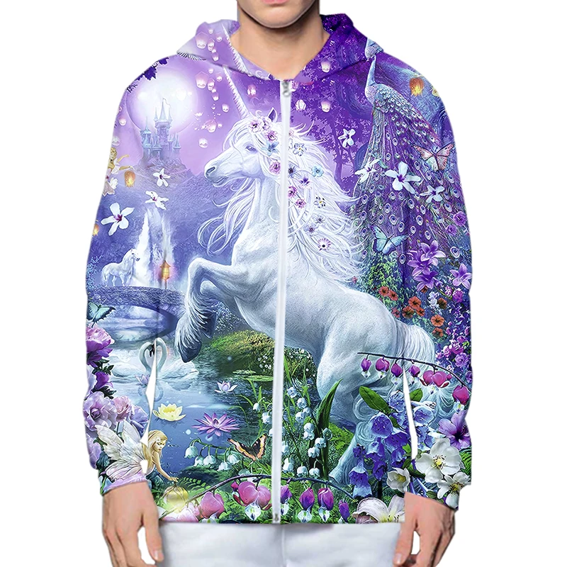 LCFA Brand Purple Horse 3D Hoodie Zip Hoodies Men Women New Fashion Autumn Hooded Sweatshirt Long Sleeve Pullover Animals