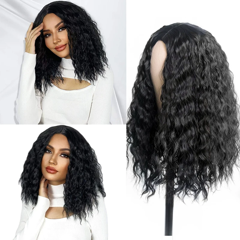 16-20 Inch Synthetische Deep Water Golvend Korte Bob Lijmloze Volledige Machine Gemaakt Hittebestendige Pruiken Voor Zwarte Vrouwen dagelijks Party