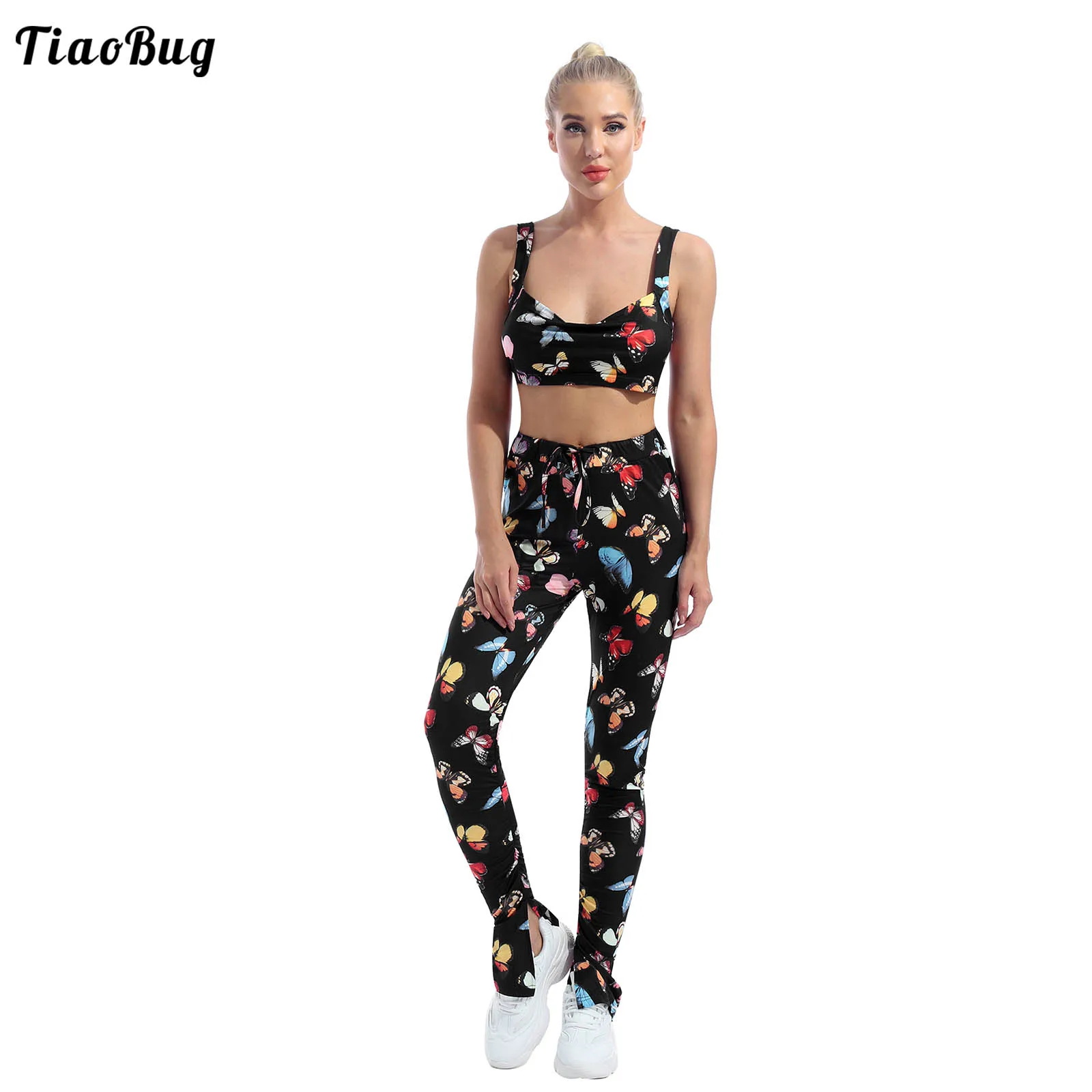 Summer Women 2Pcs Butterfly Print Casual Yoga Outfit One Word Collar Shoulder Straps Crop Top Tight Leggings Pants Sets