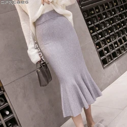 Vintage Winter Knitted Mermaid Skirt Women Elegant Wrapped Long Bodycon Skirts Elastic High Waist Pleated Fishtail Saia Midi