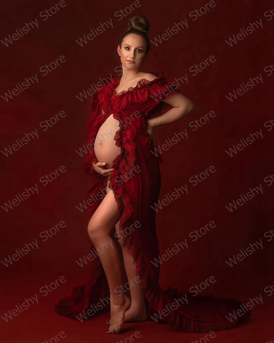 Sexy Burgundy Long Maternity Robes A-Line Front Open Lace Edage Dresses Women For Photo Shoot Plus Size Customized