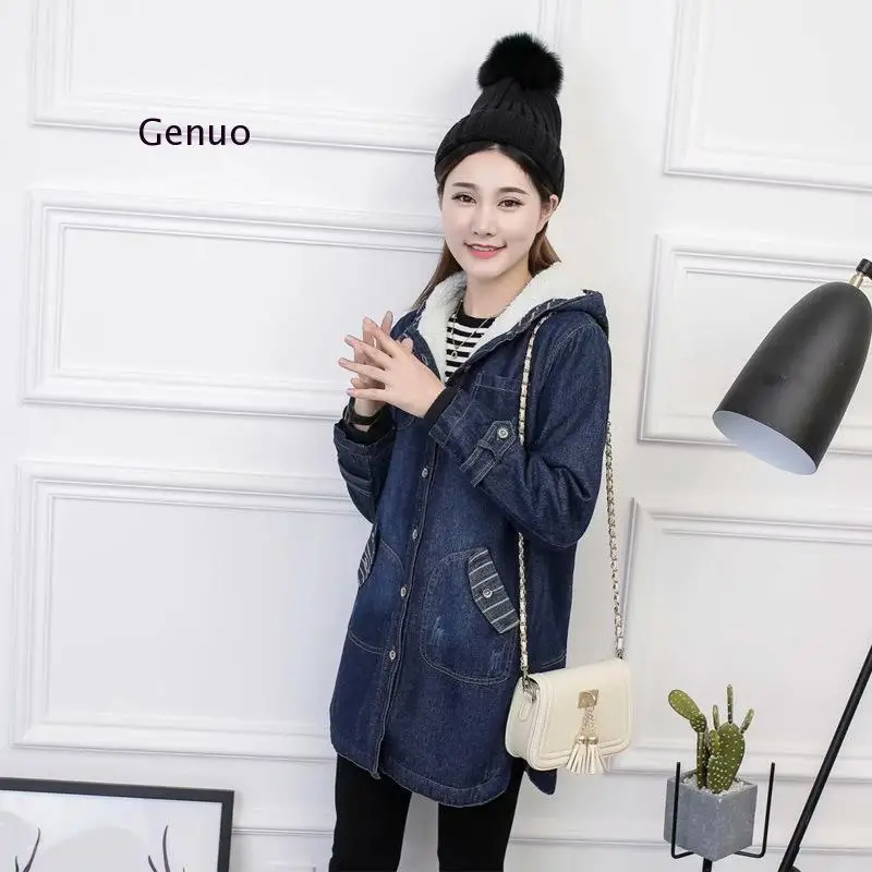 Fashion Winter Hooded Denim Jacket for Women Korea Style Autumn Lamb Lining Jeans Coat Female Warm Long Outwear  5Xl