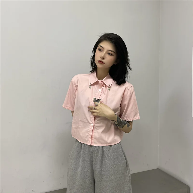 Korean Harajuku Vintage Shirt Heart-shaped Hollow Out Design Short Sleeve Casual Loose Single Breasted Oversized Blouses Shirt