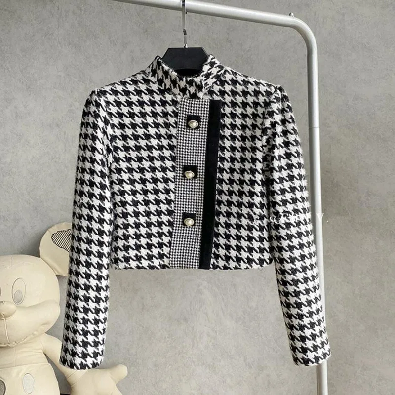 

Fashion Small Fragrant Wind Plaid Short Jacket Female Stand Collar Long Sleeve Straight Temperment Coat 2021 New Autumn q428