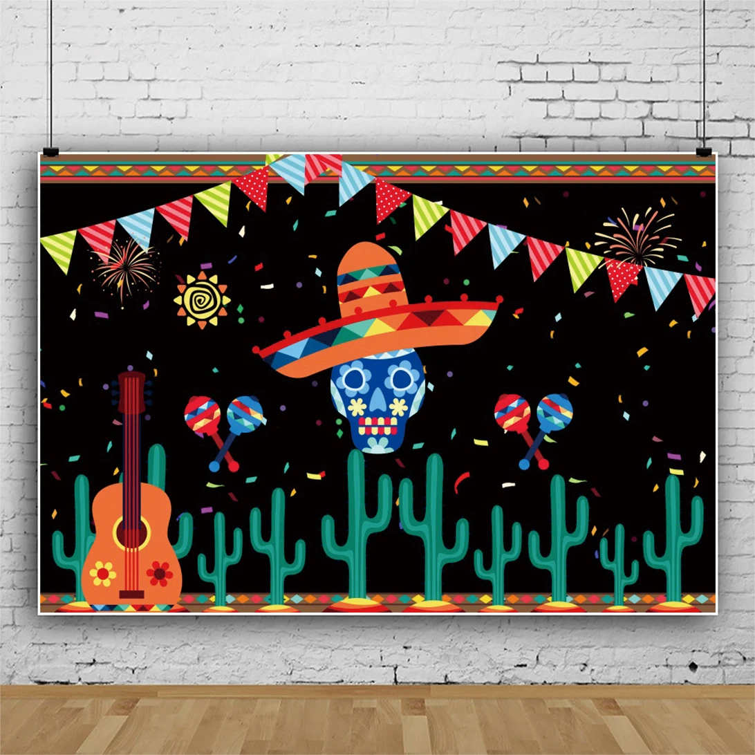 Laeacco Day of The Dead Background For Mexican Party Skull Floral Cactus Photographic Photo Backdrop Death Pattern Photostudio