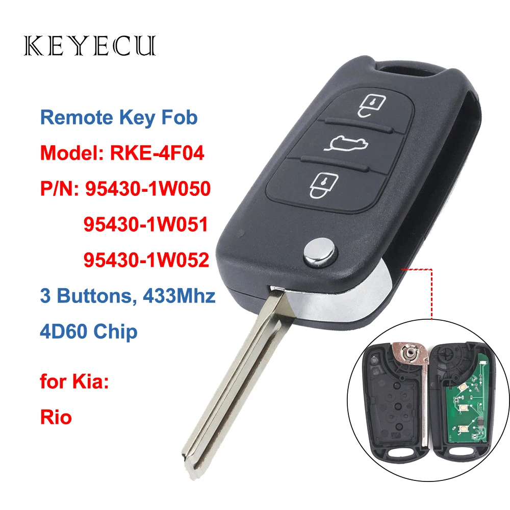 Keyecu Remote Car Key Fob 3 Button 433MHz 80Bit 4D60 Chip for Kia Rio 2012-2017, RKE-4F04, 95430-1W050, 95430-1W051, 95430-1W052