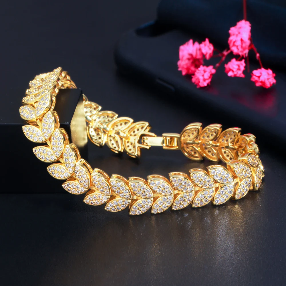 CWWZircons Luxury Fashion Leaf Shape Micro Pave Cubic Zirconia Stone Rose Gold Color Ladies Wedding Party Bracelets Bangle CB250